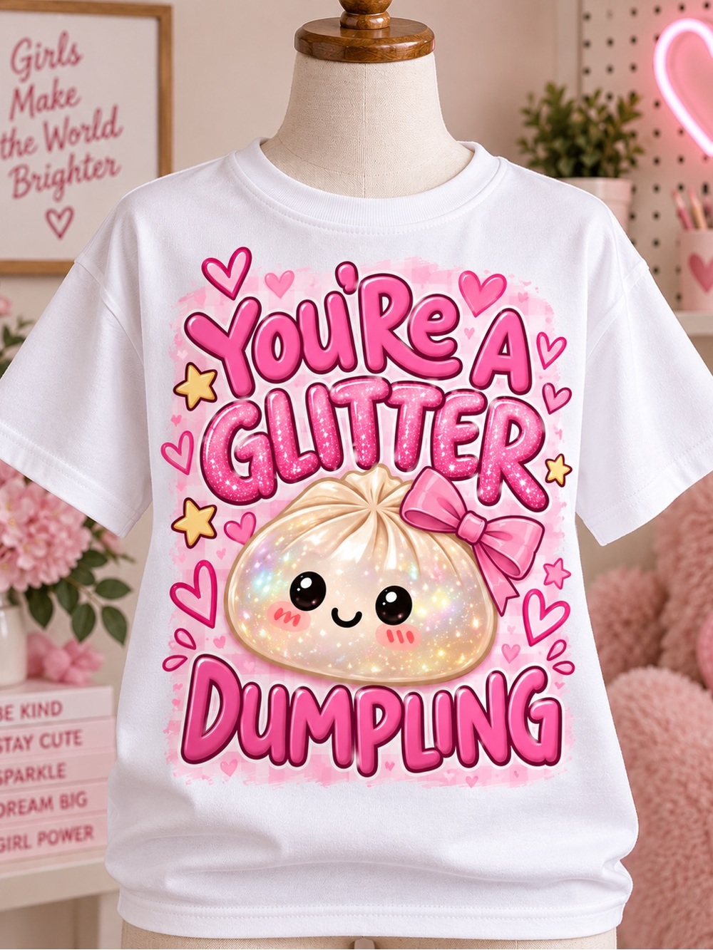 New Cute Glitter Dumpling Kids Tee - White & Pink